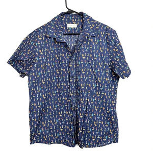 Cotton & Co. Blue Surfer Girl Print Shortsleeve Casual Button Down Shirt Size L